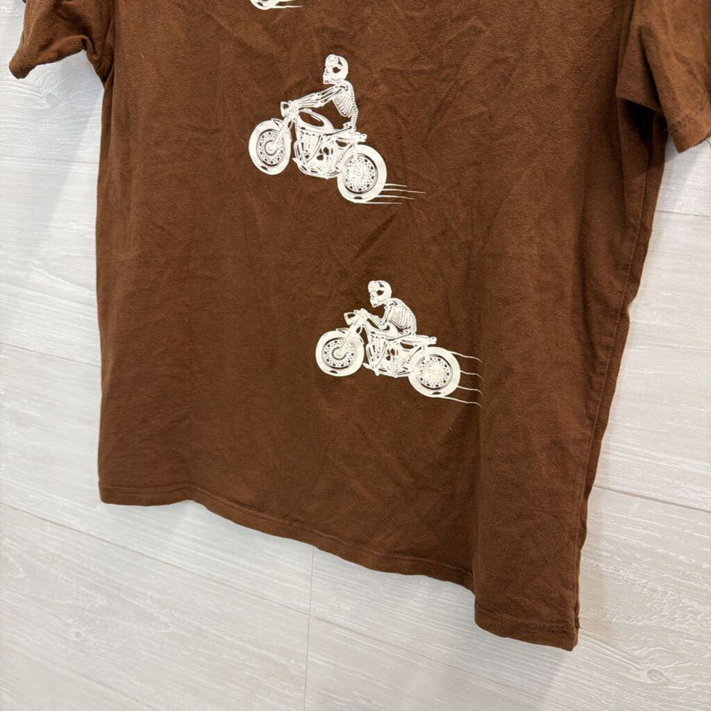 Philosophy Of Love Brown Skeleton Motorcycle Print Short Sleeve Top Small