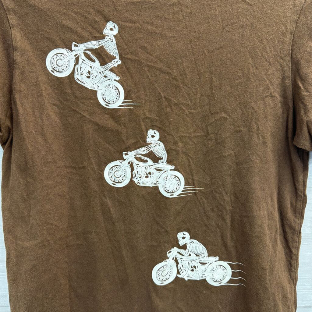 Philosophy Of Love Brown Skeleton Motorcycle Print Short Sleeve Top Small