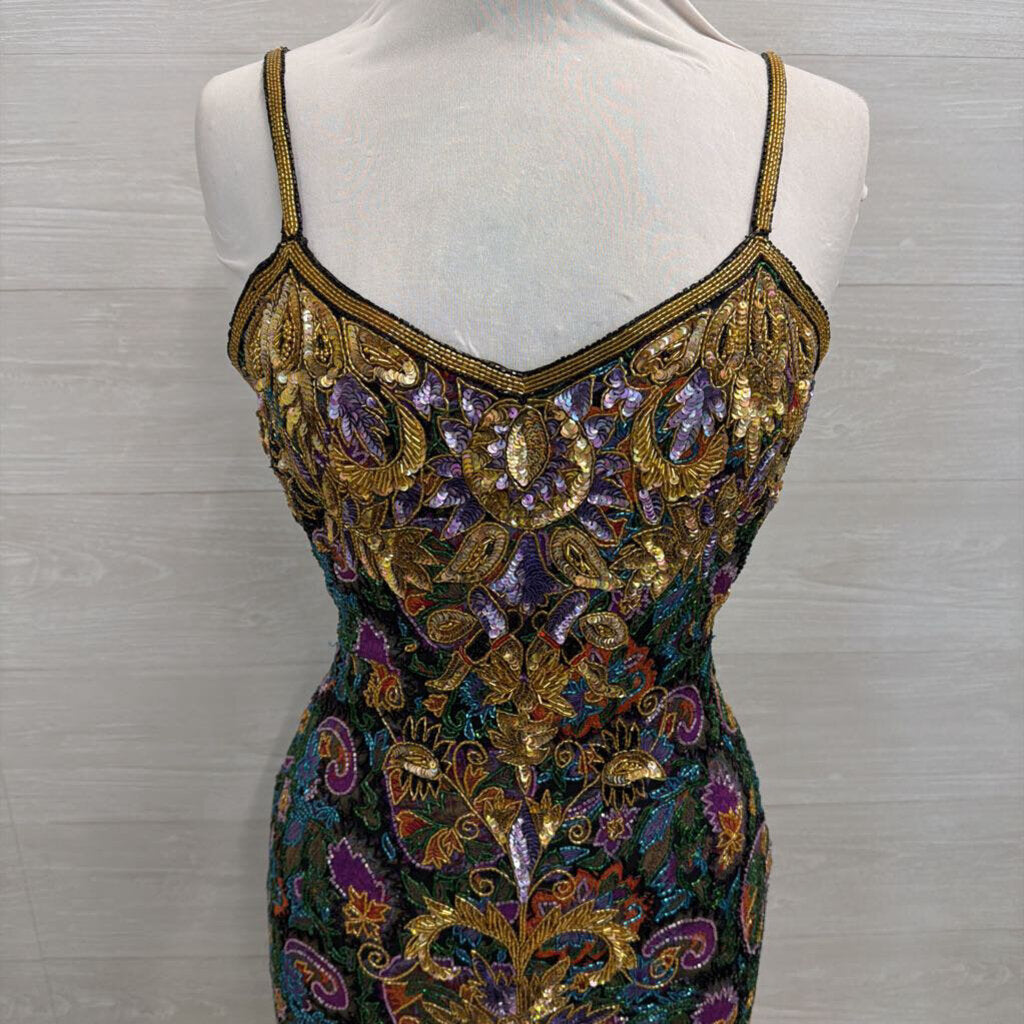 Vintage Black/ Gold/ Multi Beaded Sequin Midi Formal Dress Medium