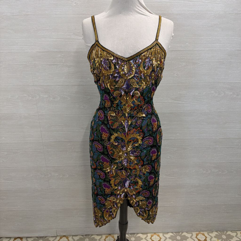 Vintage Black/ Gold/ Multi Beaded Sequin Midi Formal Dress Medium