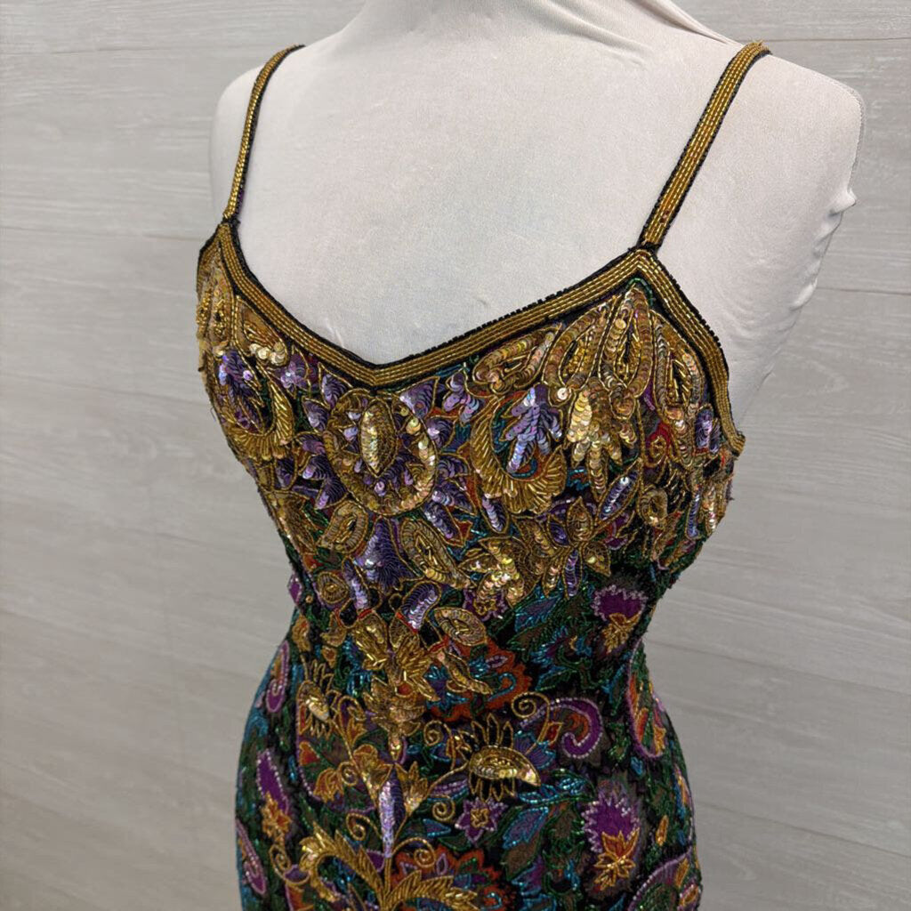 Vintage Black/ Gold/ Multi Beaded Sequin Midi Formal Dress Medium