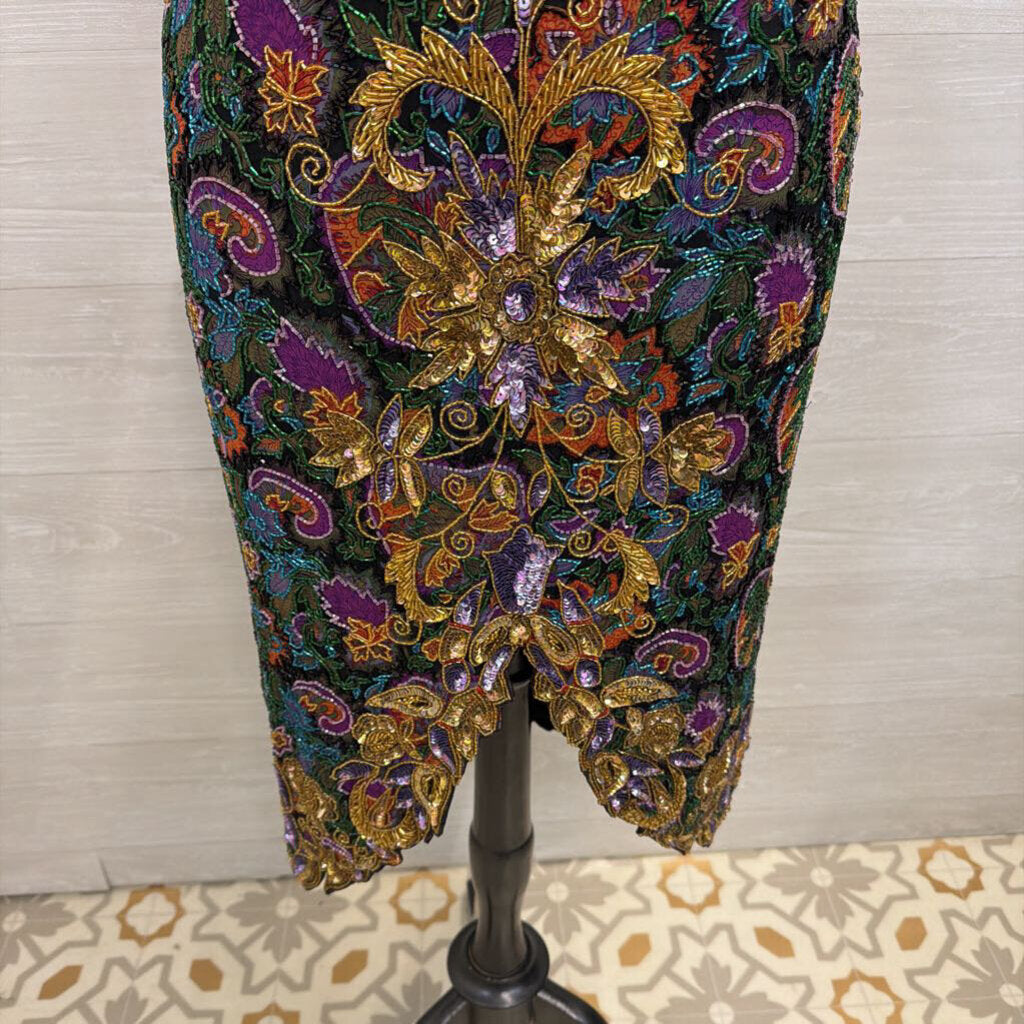 Vintage Black/ Gold/ Multi Beaded Sequin Midi Formal Dress Medium