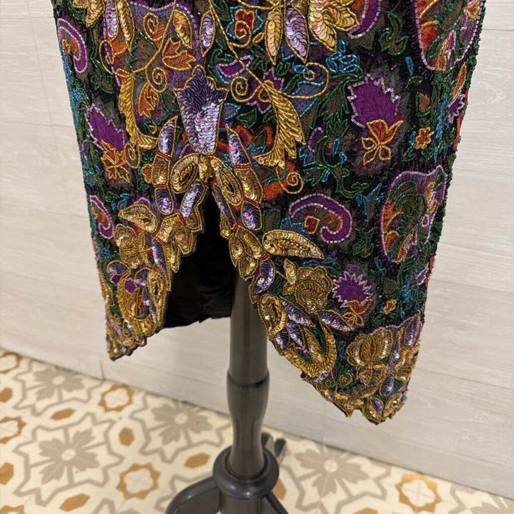 Vintage Black/ Gold/ Multi Beaded Sequin Midi Formal Dress Medium