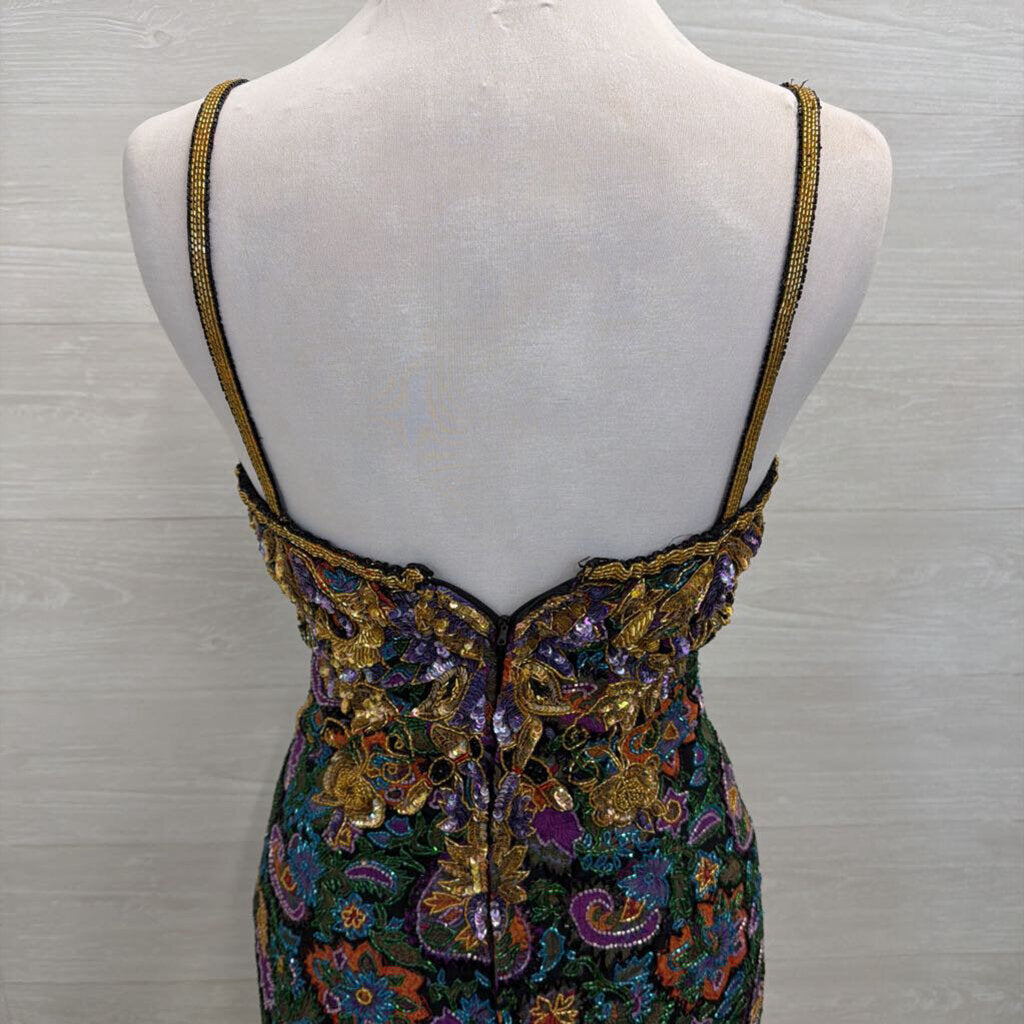 Vintage Black/ Gold/ Multi Beaded Sequin Midi Formal Dress Medium