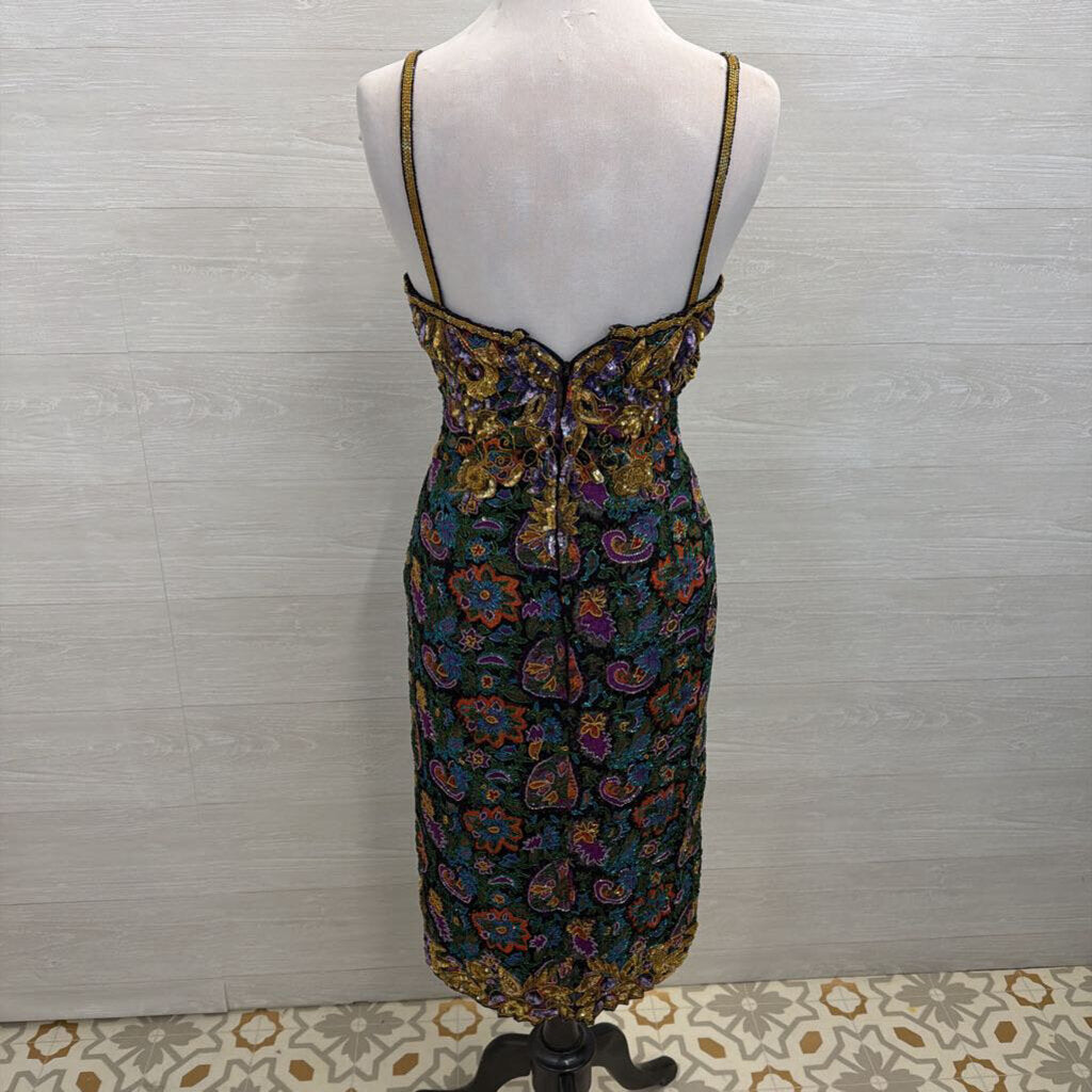 Vintage Black/ Gold/ Multi Beaded Sequin Midi Formal Dress Medium