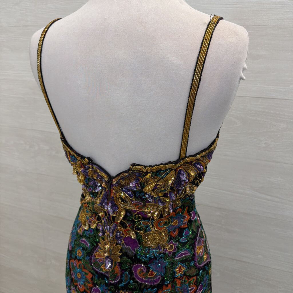 Vintage Black/ Gold/ Multi Beaded Sequin Midi Formal Dress Medium