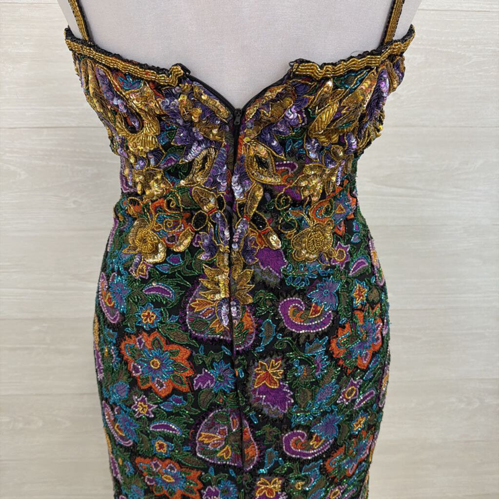 Vintage Black/ Gold/ Multi Beaded Sequin Midi Formal Dress Medium