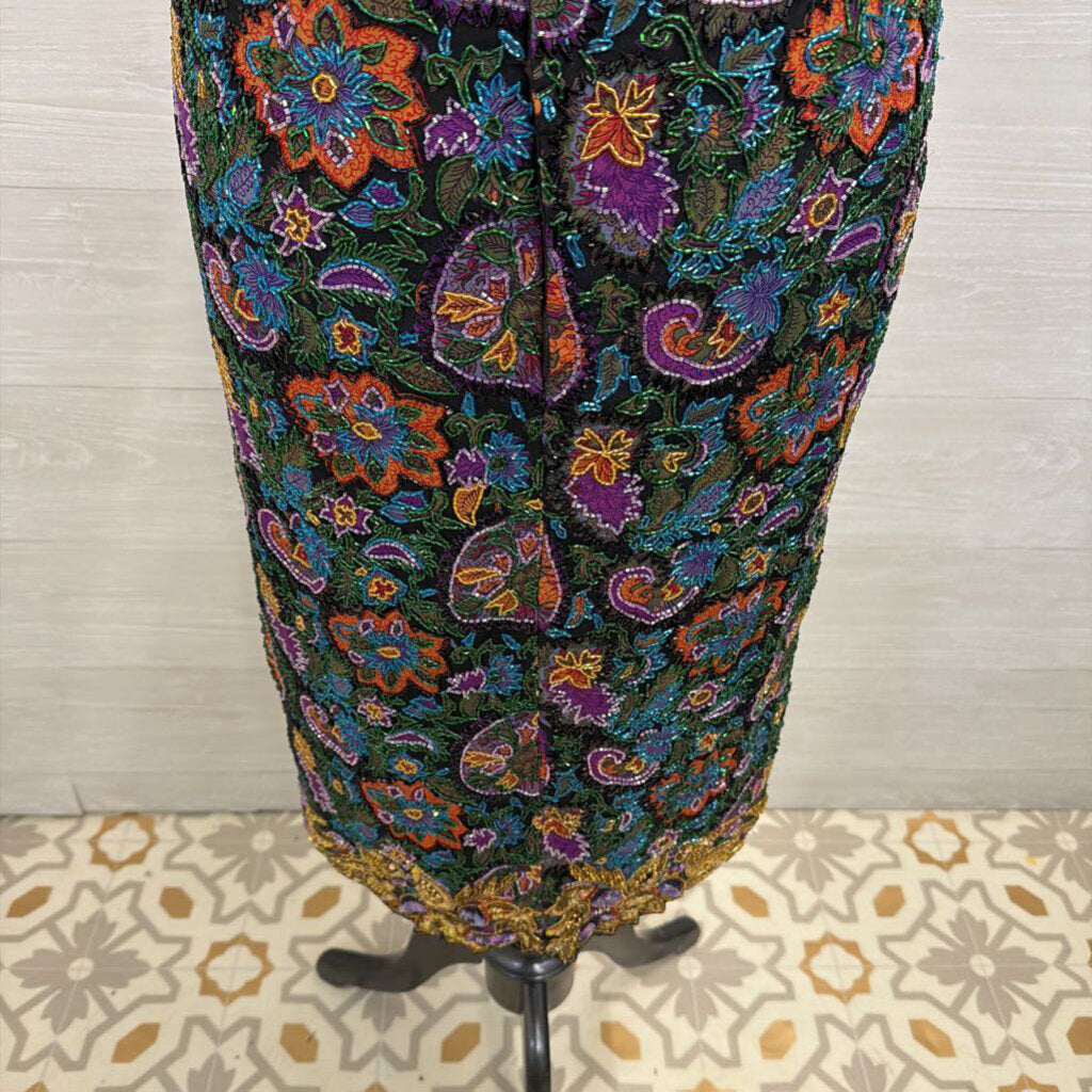 Vintage Black/ Gold/ Multi Beaded Sequin Midi Formal Dress Medium