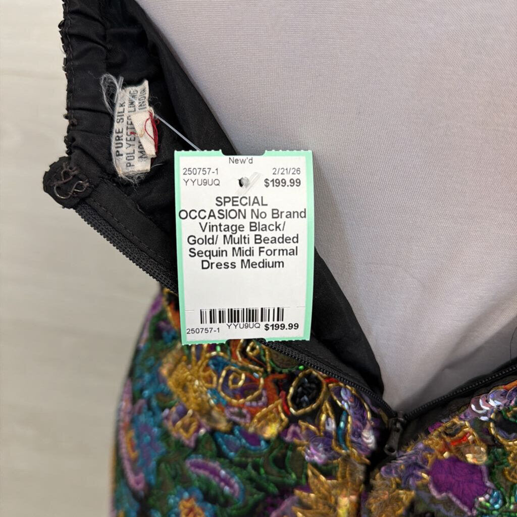 Vintage Black/ Gold/ Multi Beaded Sequin Midi Formal Dress Medium