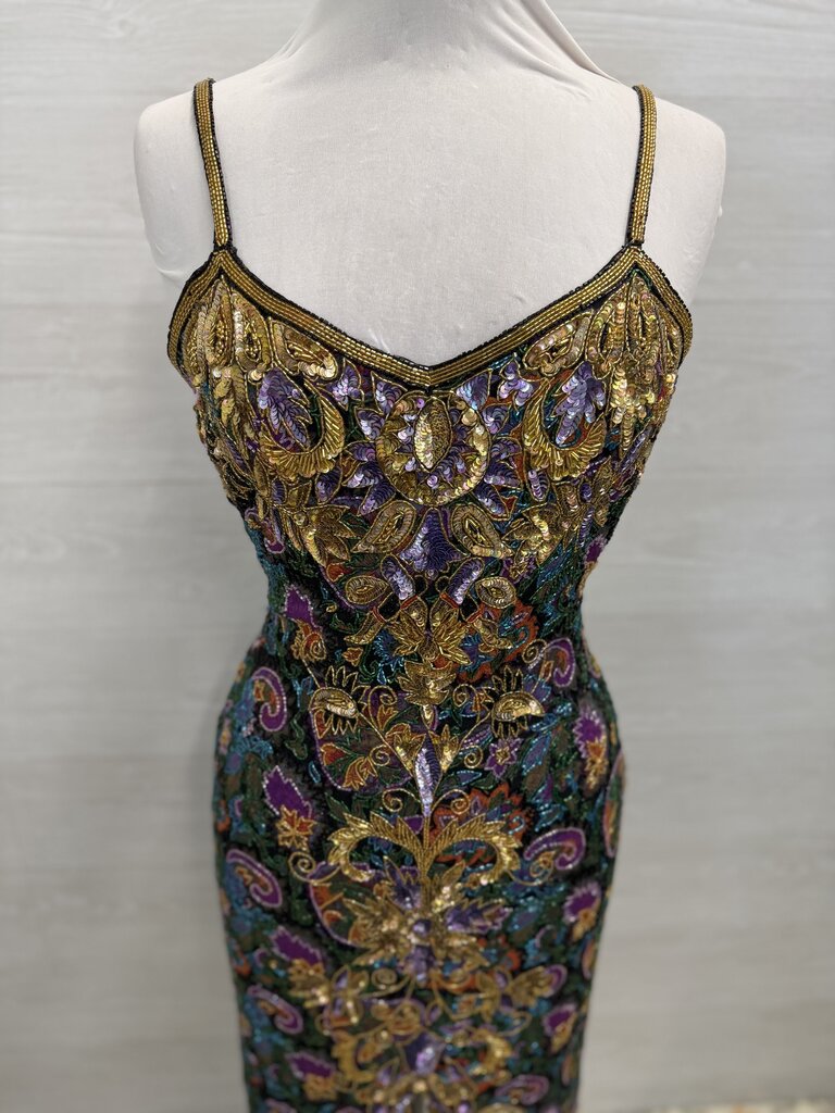 Vintage Black/ Gold/ Multi Beaded Sequin Midi Formal Dress Medium