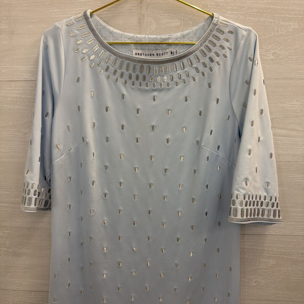Gretchen Scott Blue/ Silver Embroidered Print Long Sleeve Dress Medium