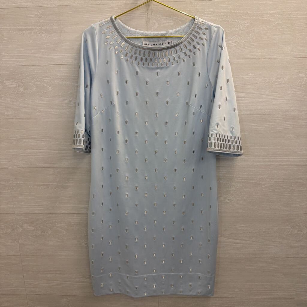 Gretchen Scott Blue/ Silver Embroidered Print Long Sleeve Dress Medium