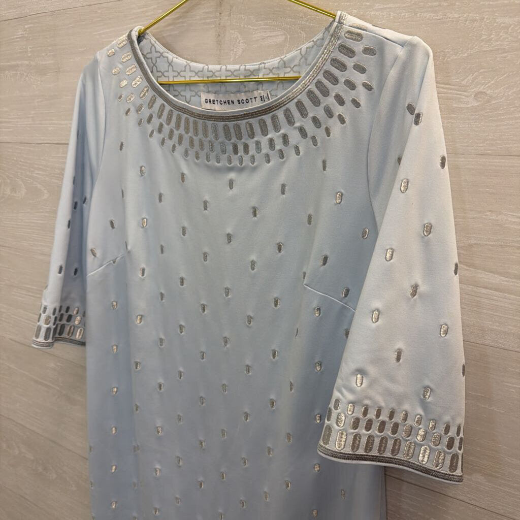 Gretchen Scott Blue/ Silver Embroidered Print Long Sleeve Dress Medium