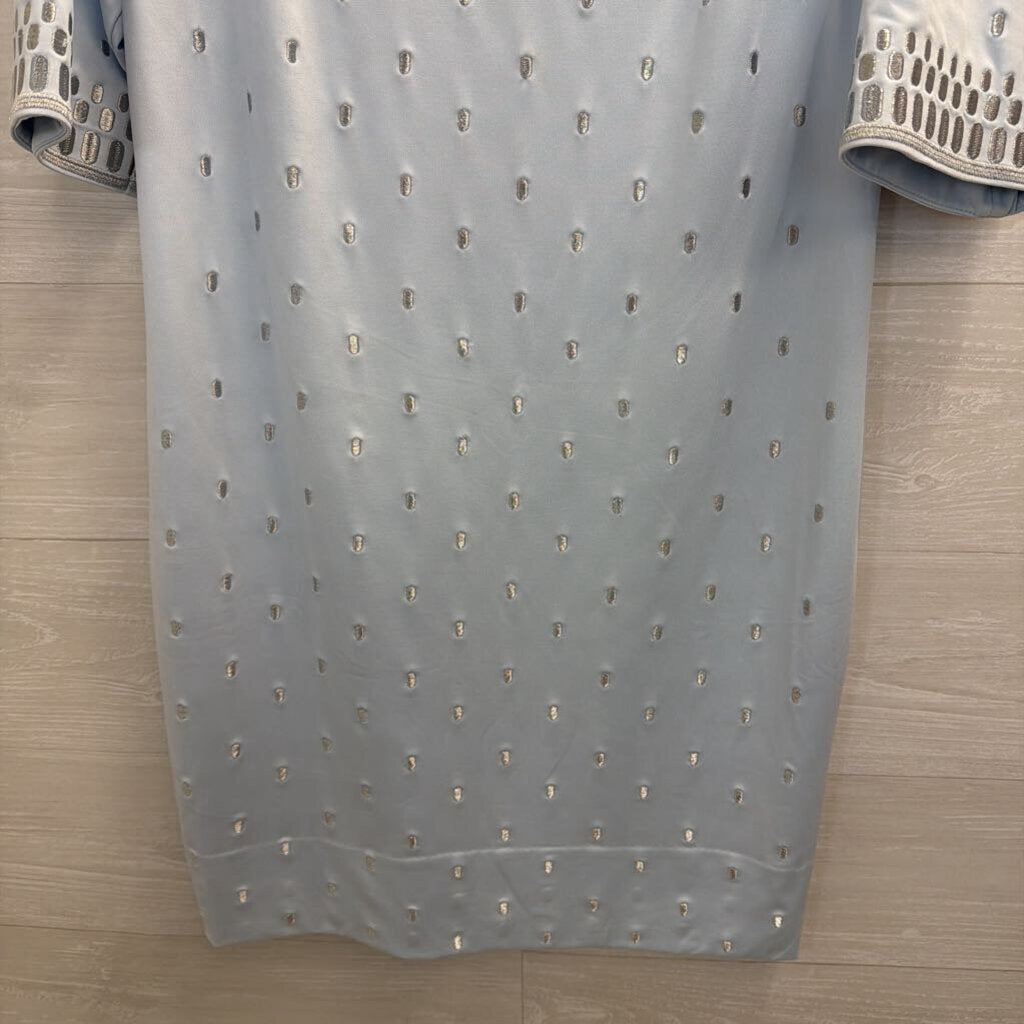 Gretchen Scott Blue/ Silver Embroidered Print Long Sleeve Dress Medium