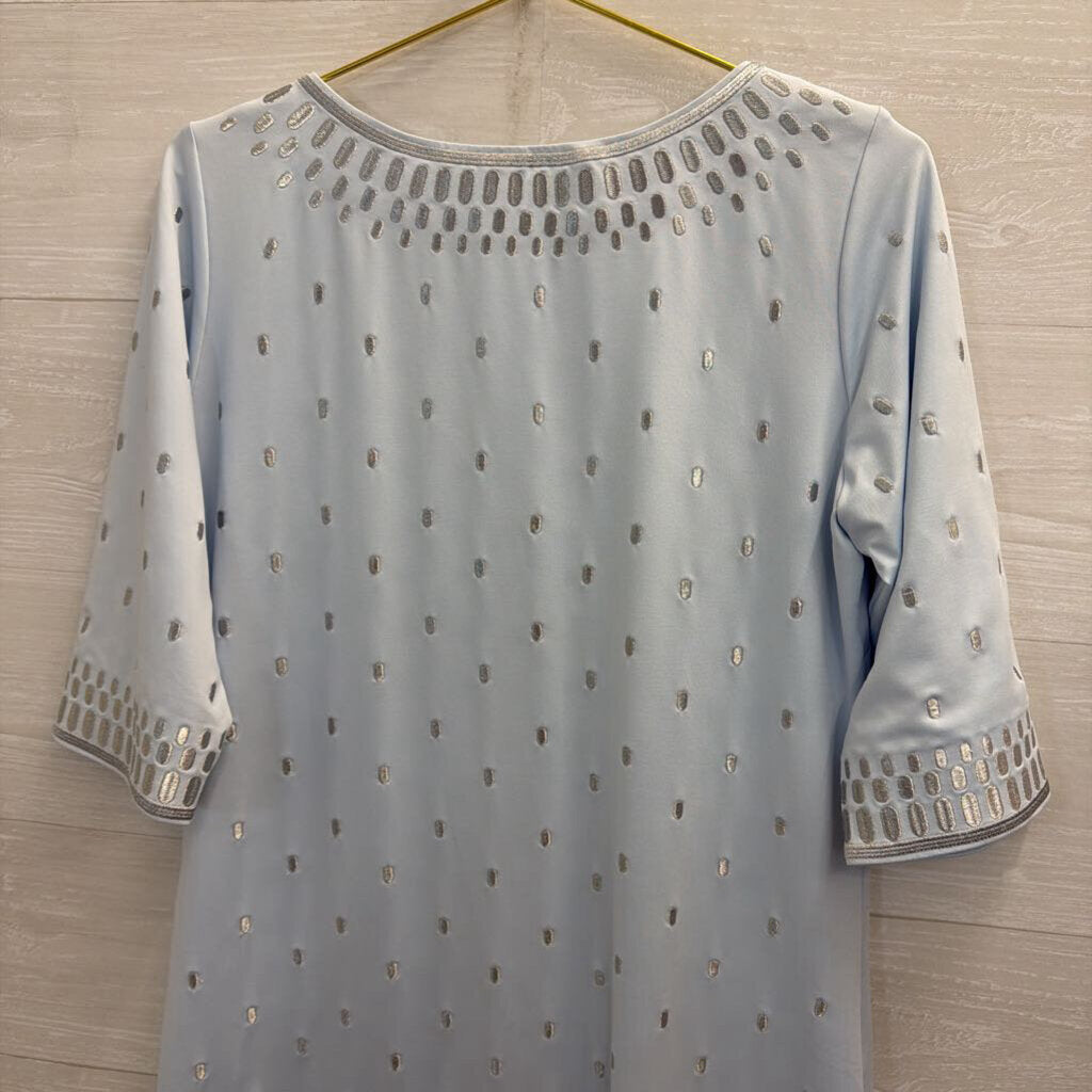 Gretchen Scott Blue/ Silver Embroidered Print Long Sleeve Dress Medium