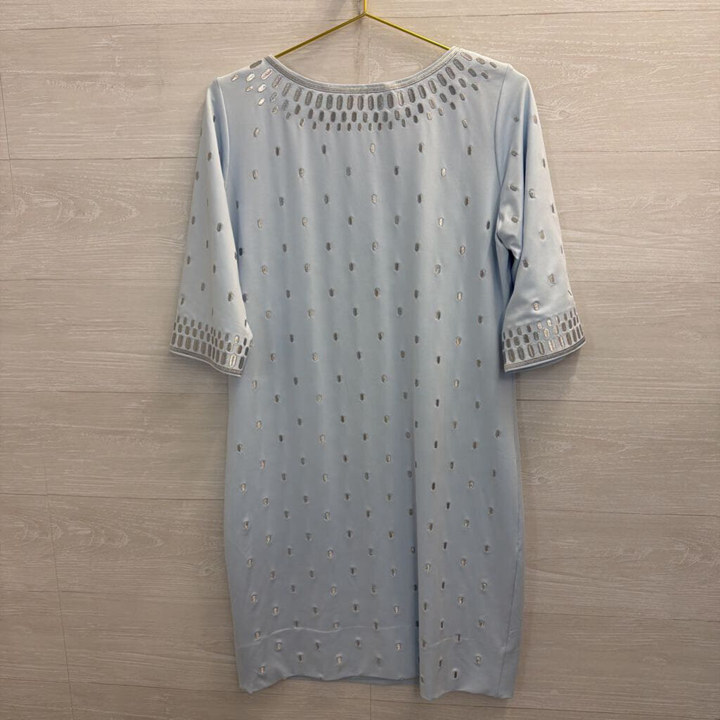 Gretchen Scott Blue/ Silver Embroidered Print Long Sleeve Dress Medium