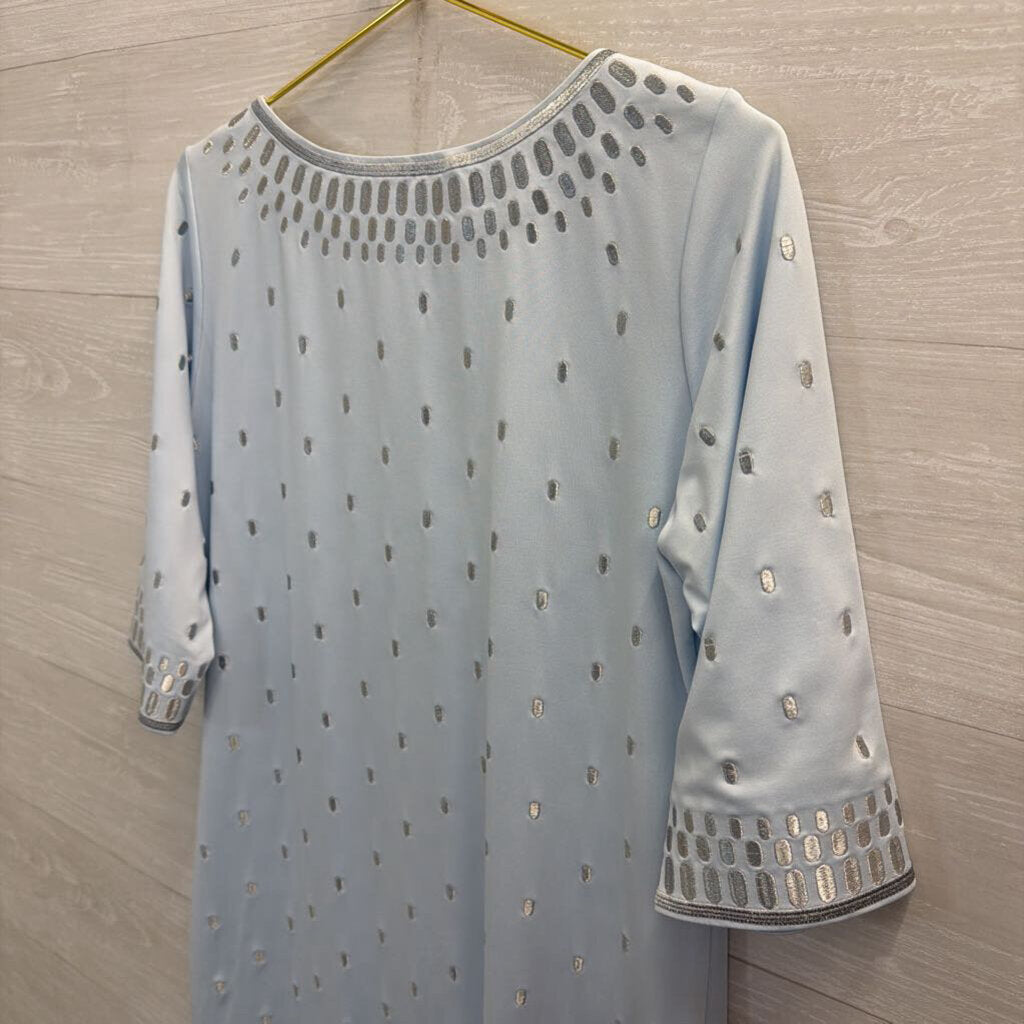 Gretchen Scott Blue/ Silver Embroidered Print Long Sleeve Dress Medium