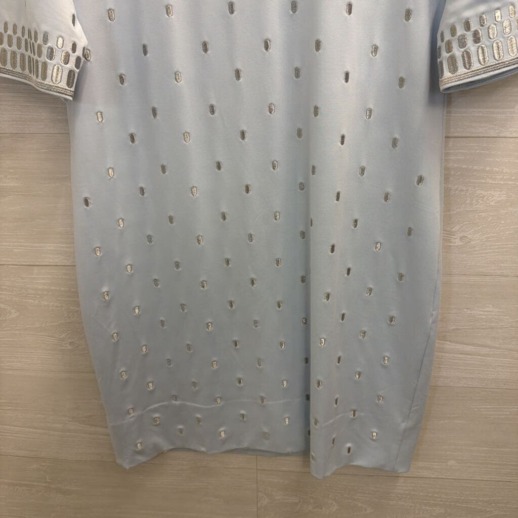 Gretchen Scott Blue/ Silver Embroidered Print Long Sleeve Dress Medium