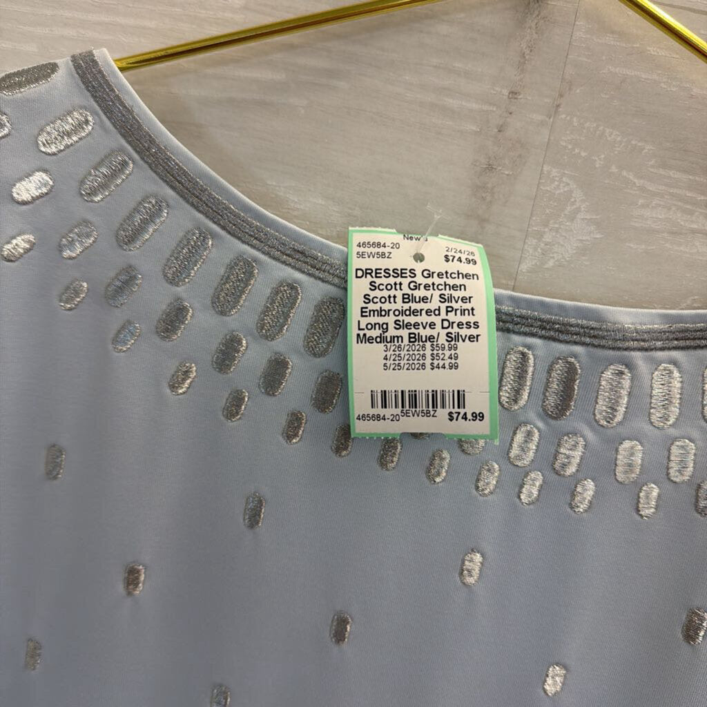 Gretchen Scott Blue/ Silver Embroidered Print Long Sleeve Dress Medium