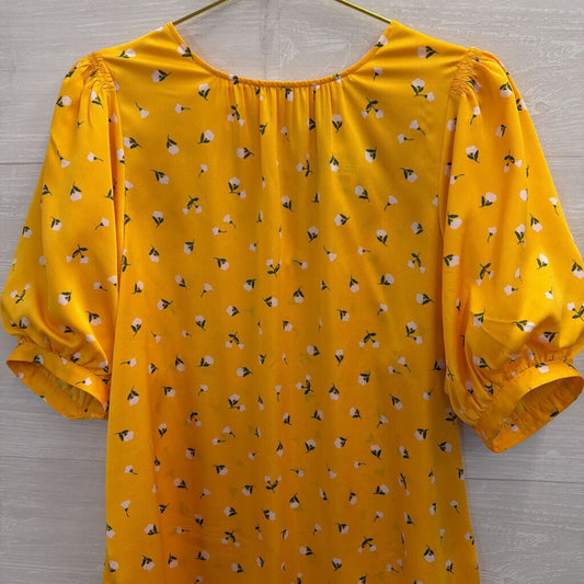 Kate Spade Yellow/ White Flower Print Short Puff Sleeve Top Large