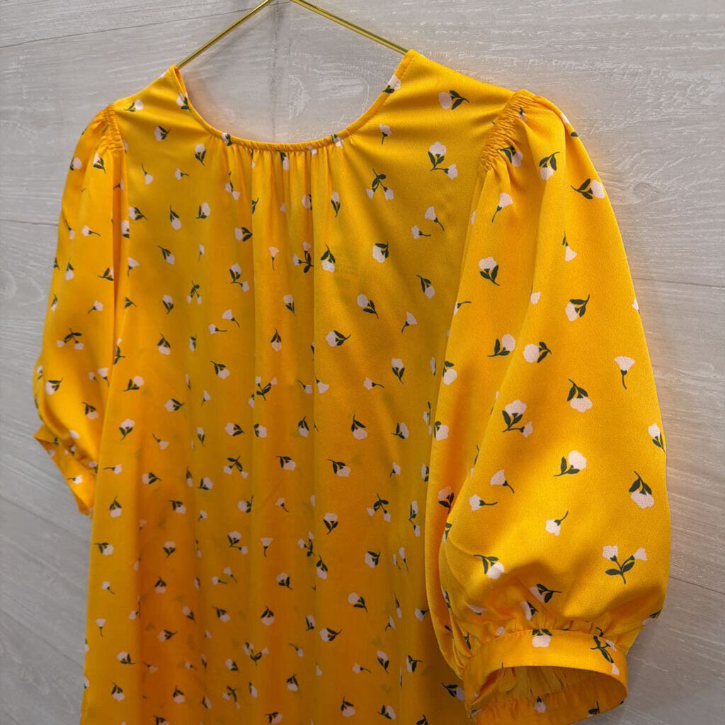 Kate Spade Yellow/ White Flower Print Short Puff Sleeve Top Large