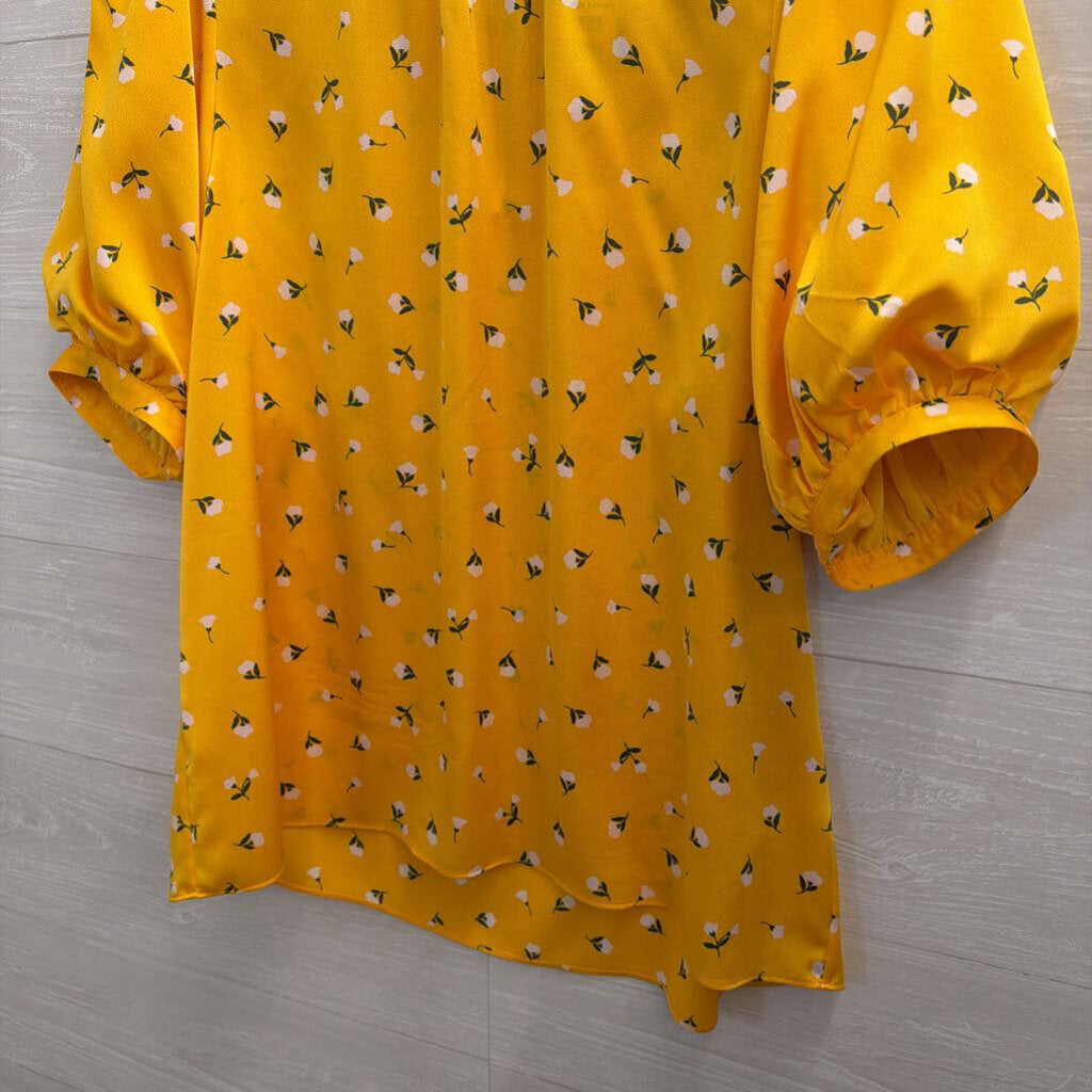 Kate Spade Yellow/ White Flower Print Short Puff Sleeve Top Large