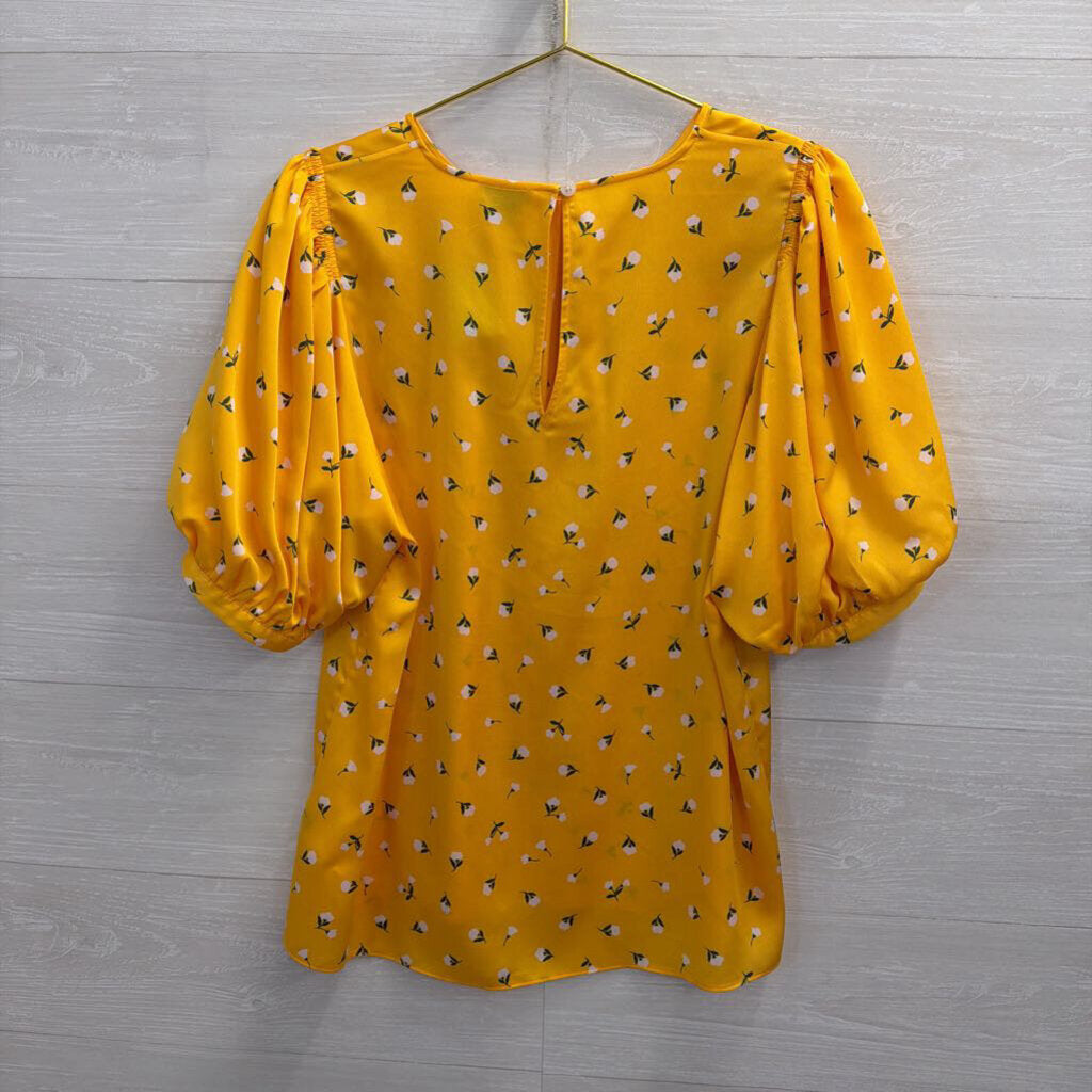 Kate Spade Yellow/ White Flower Print Short Puff Sleeve Top Large