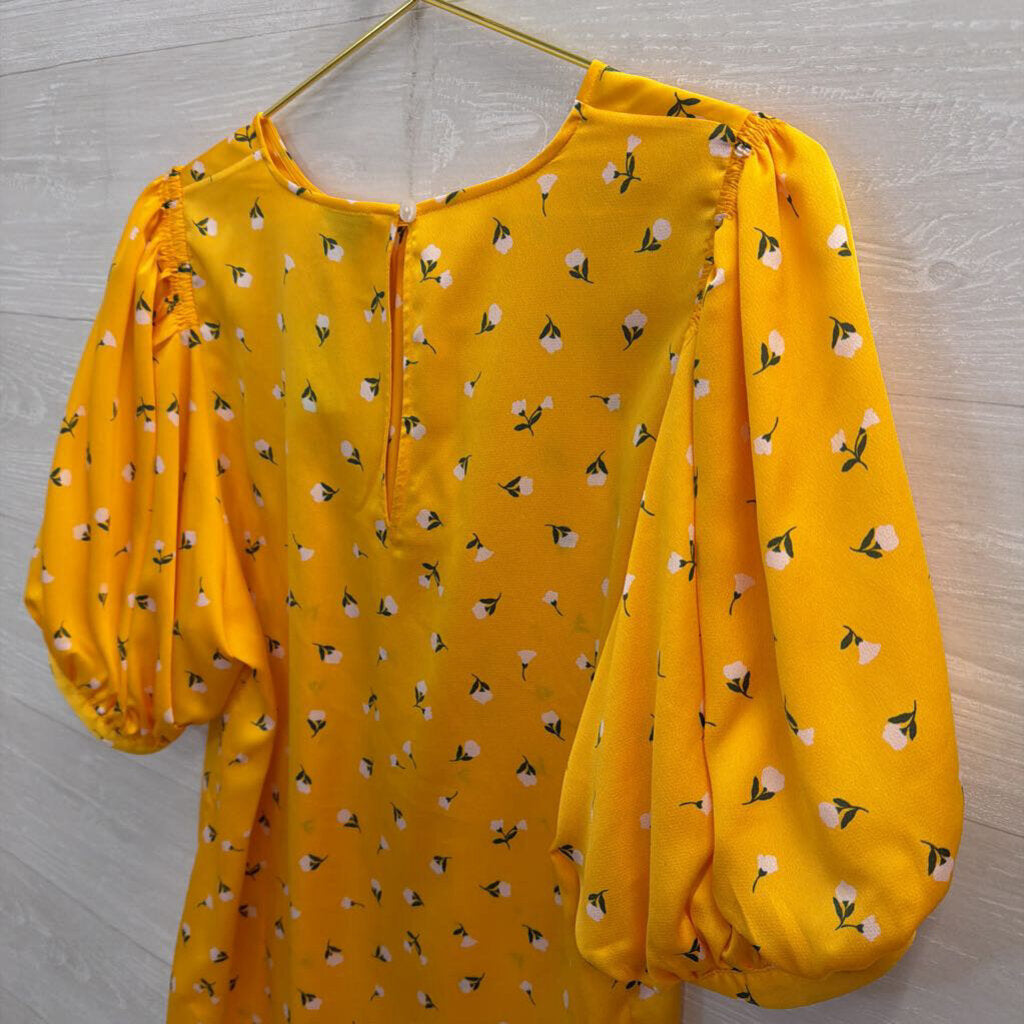 Kate Spade Yellow/ White Flower Print Short Puff Sleeve Top Large