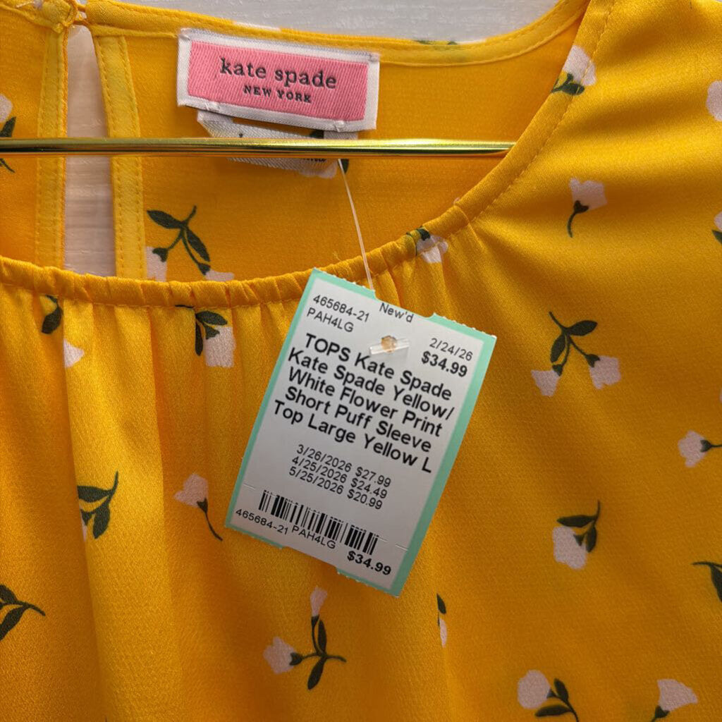 Kate Spade Yellow/ White Flower Print Short Puff Sleeve Top Large