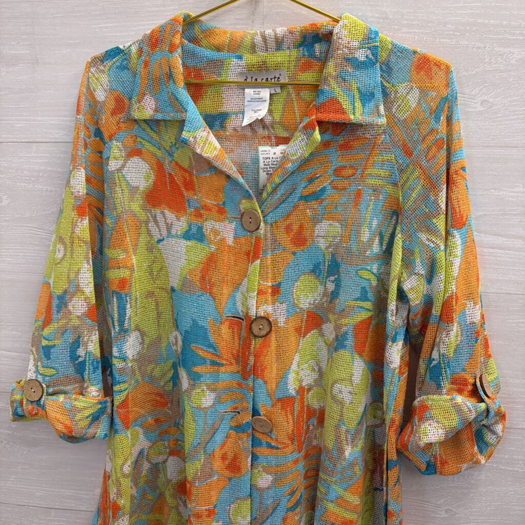 A La Carte Blue/ Multi Mesh Print Long Sleeve Button Down Top Large