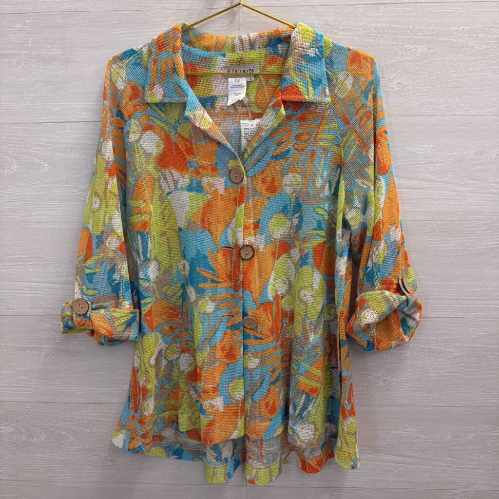 A La Carte Blue/ Multi Mesh Print Long Sleeve Button Down Top Large