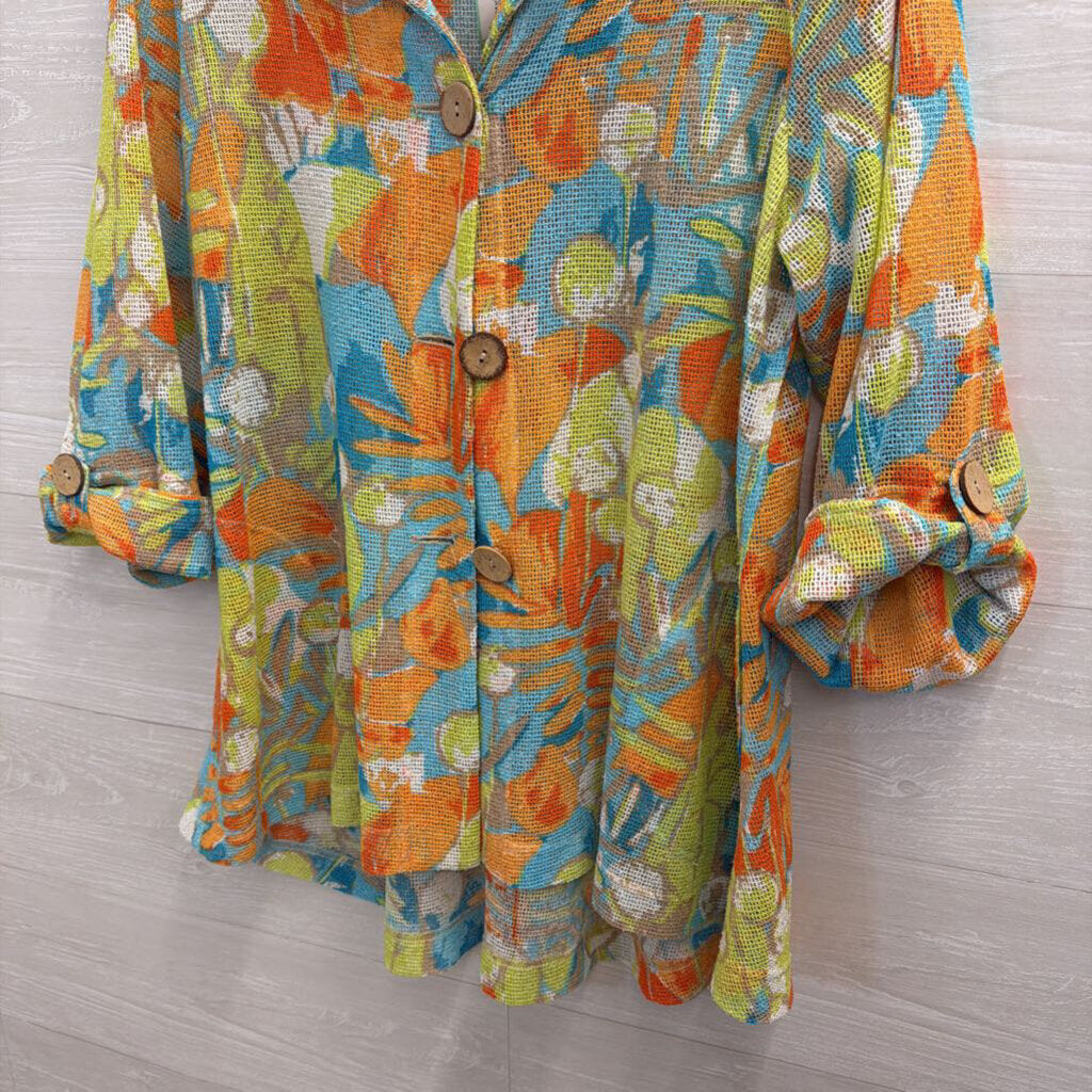 A La Carte Blue/ Multi Mesh Print Long Sleeve Button Down Top Large