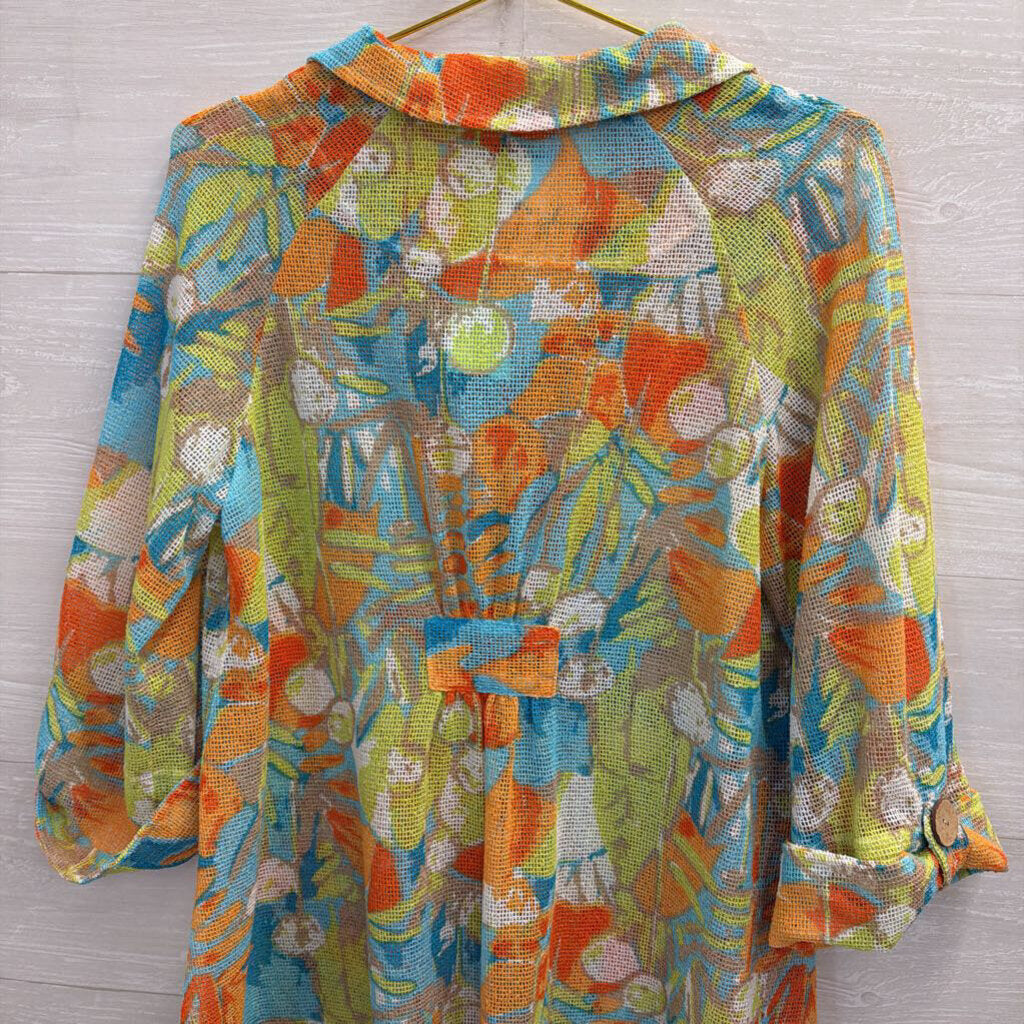 A La Carte Blue/ Multi Mesh Print Long Sleeve Button Down Top Large
