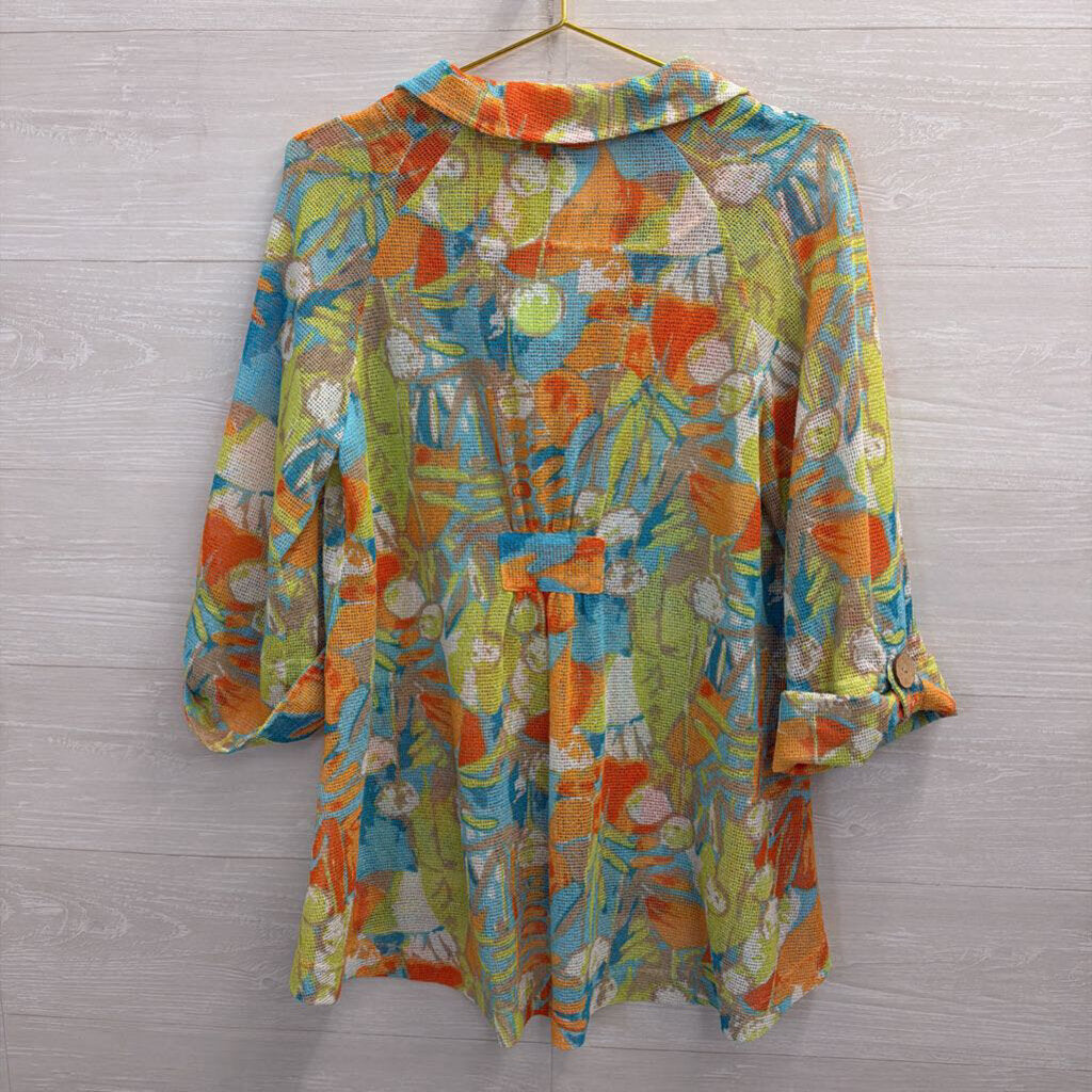 A La Carte Blue/ Multi Mesh Print Long Sleeve Button Down Top Large