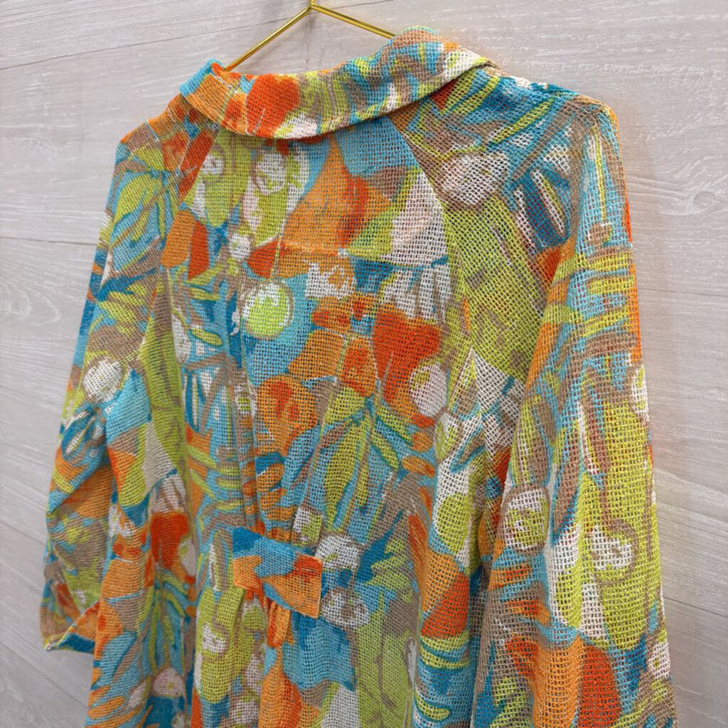 A La Carte Blue/ Multi Mesh Print Long Sleeve Button Down Top Large