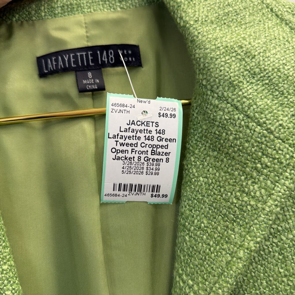 Lafayette 148 Green Tweed Cropped Open Front Blazer Jacket 8