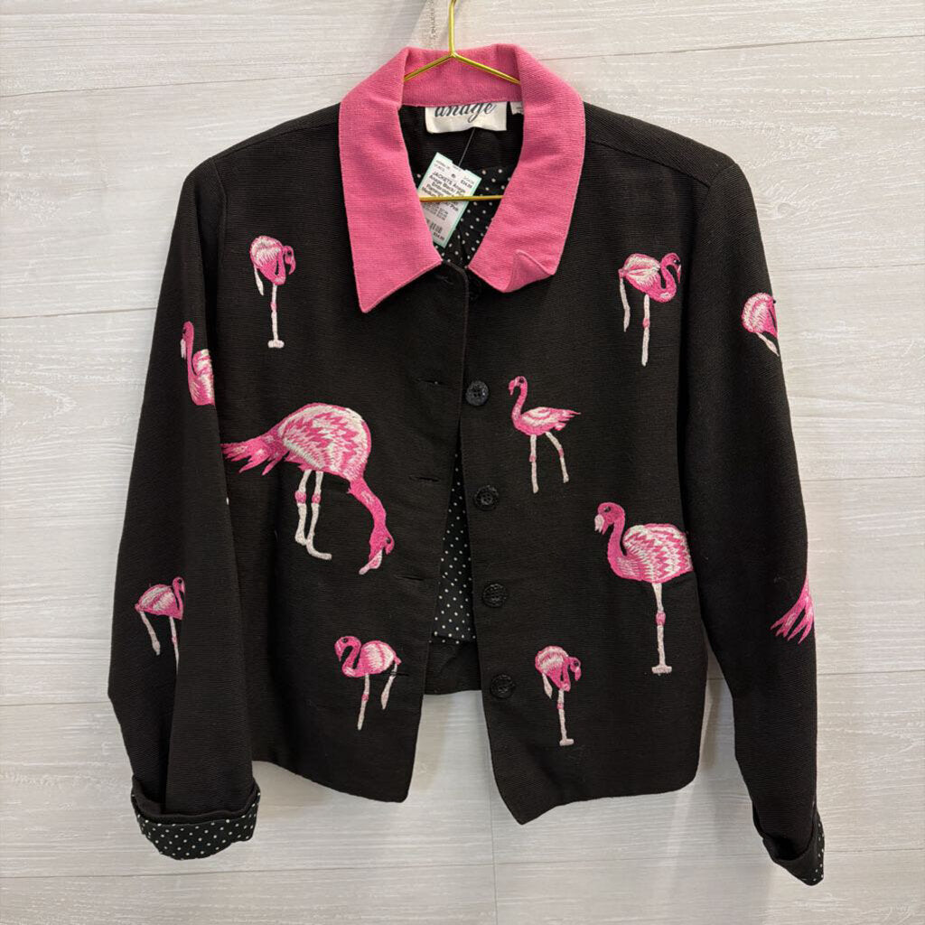 Anage Black/ Pink Embroidered Flamingo Jacket Medium