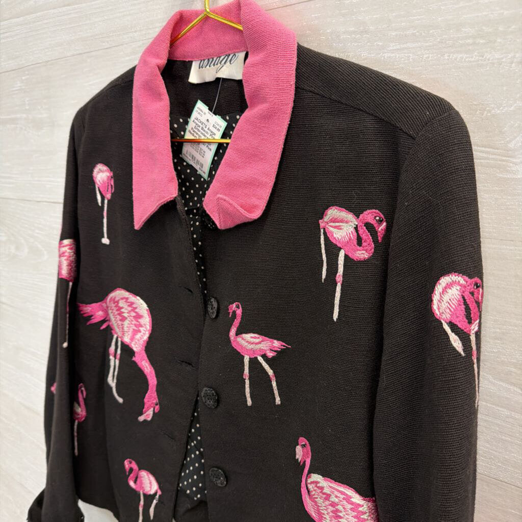 Anage Black/ Pink Embroidered Flamingo Jacket Medium