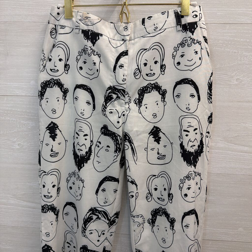 White/ Black Face Print Silky Wide Leg Pants Small