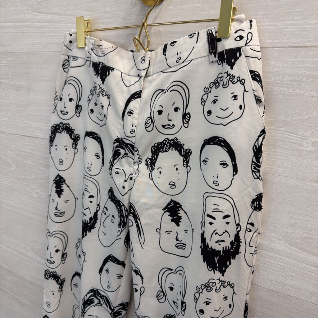 White/ Black Face Print Silky Wide Leg Pants Small