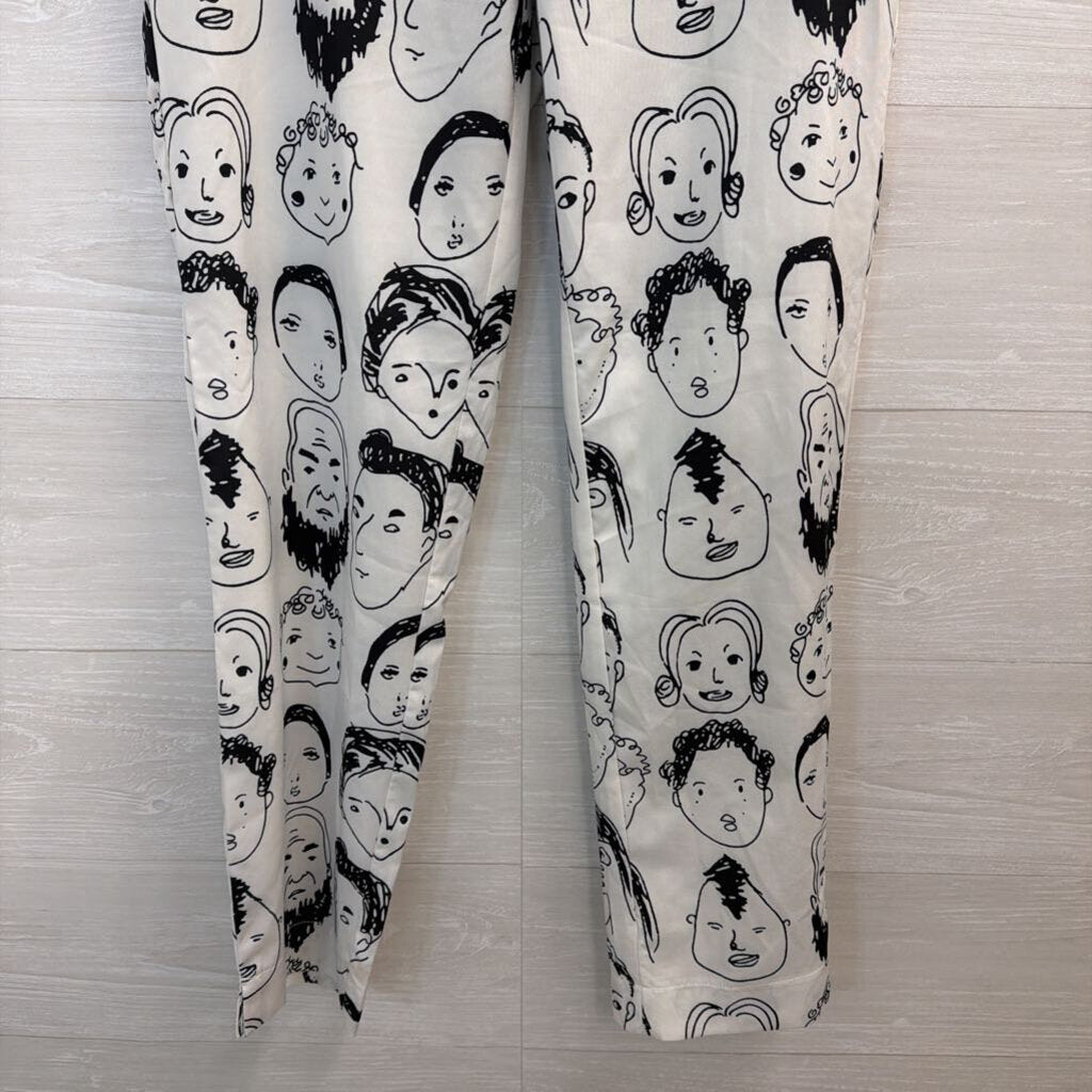 White/ Black Face Print Silky Wide Leg Pants Small