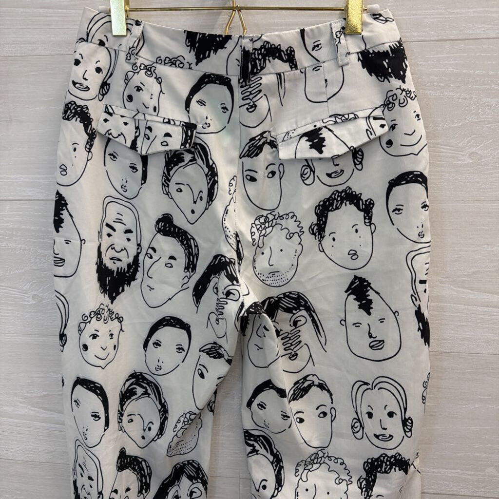 White/ Black Face Print Silky Wide Leg Pants Small