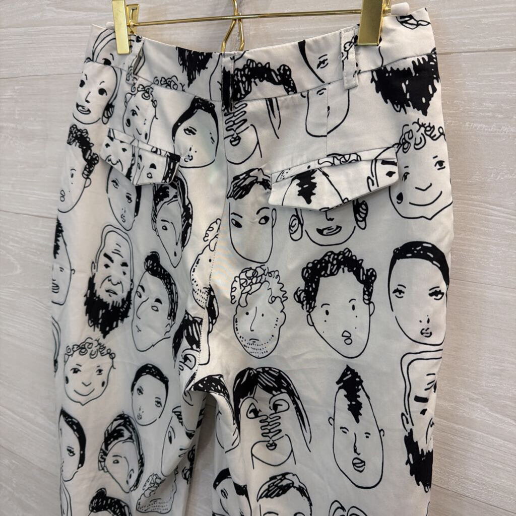White/ Black Face Print Silky Wide Leg Pants Small