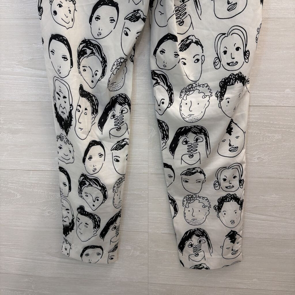 White/ Black Face Print Silky Wide Leg Pants Small