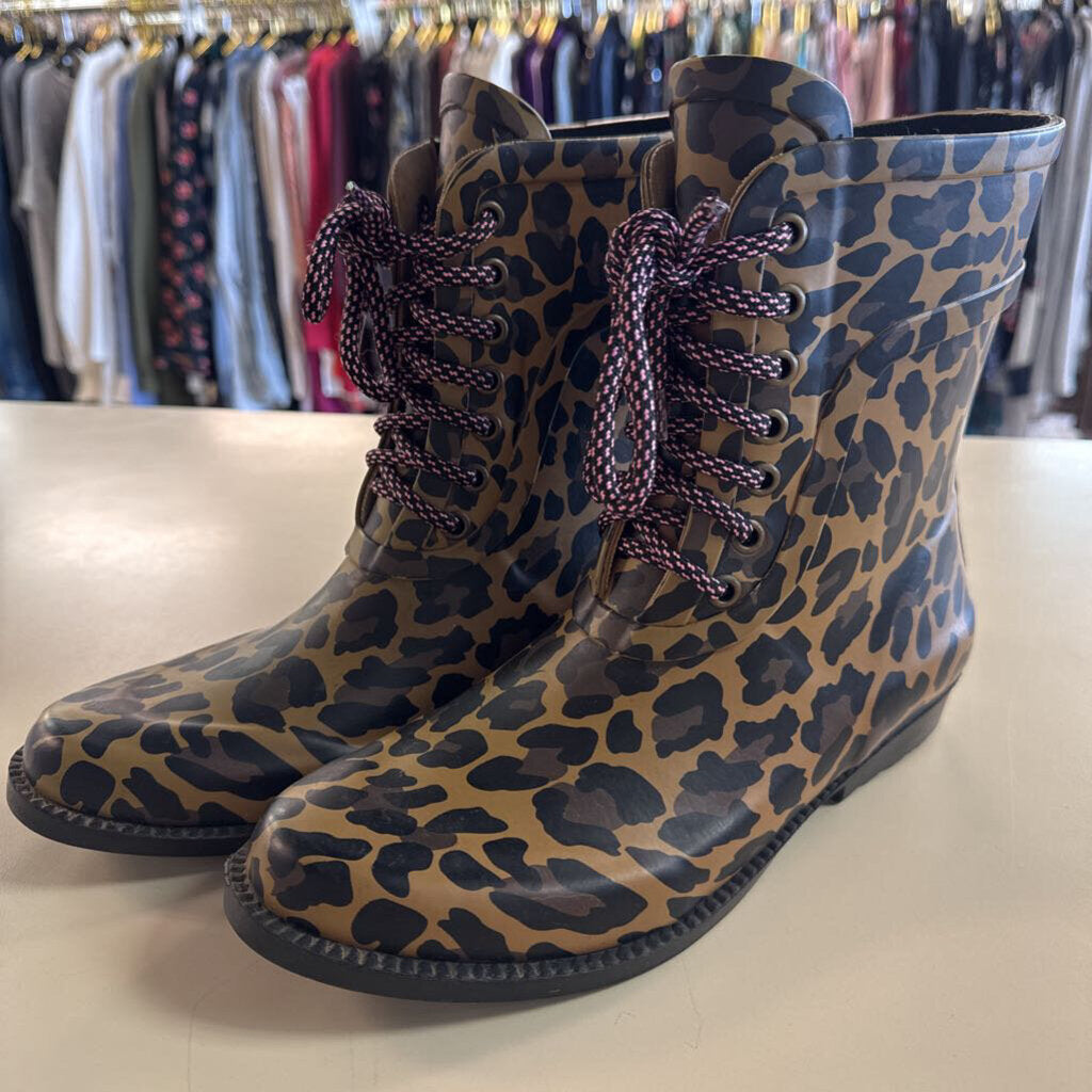 J Crew Brown Leopard Print Lace Up Rain Boots 8