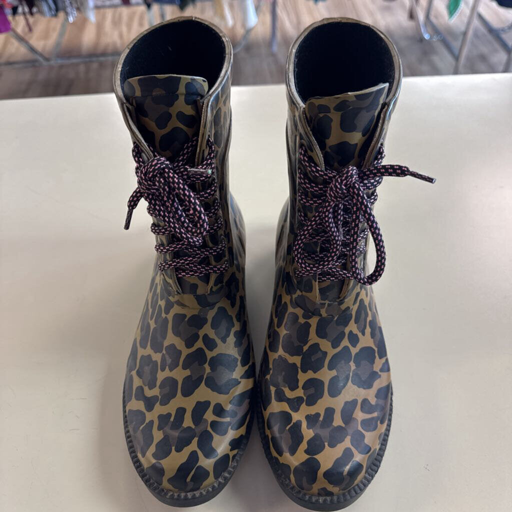 J Crew Brown Leopard Print Lace Up Rain Boots 8