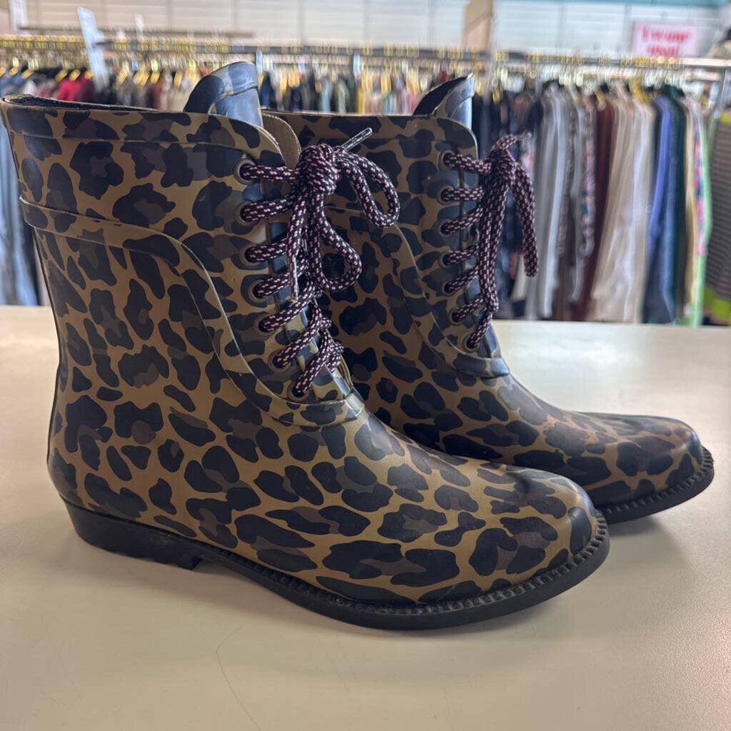 J Crew Brown Leopard Print Lace Up Rain Boots 8