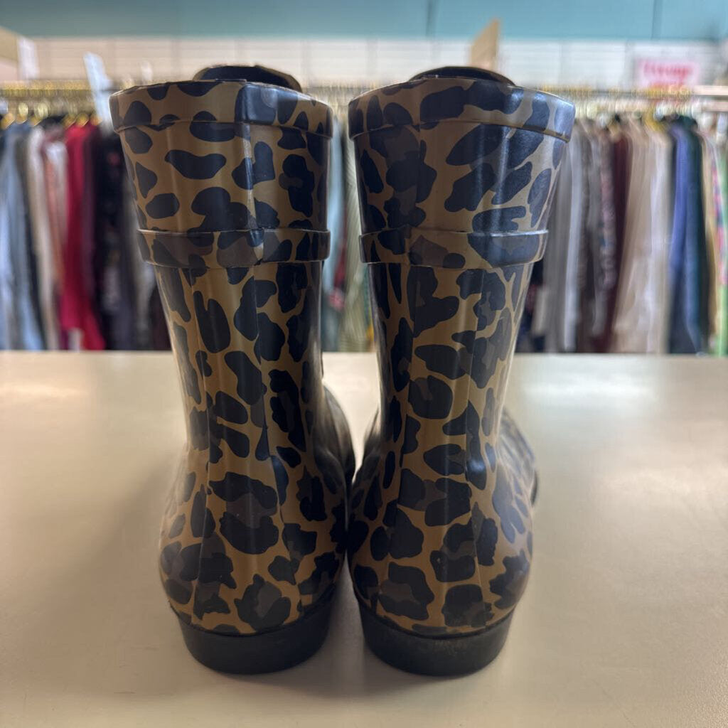 J Crew Brown Leopard Print Lace Up Rain Boots 8