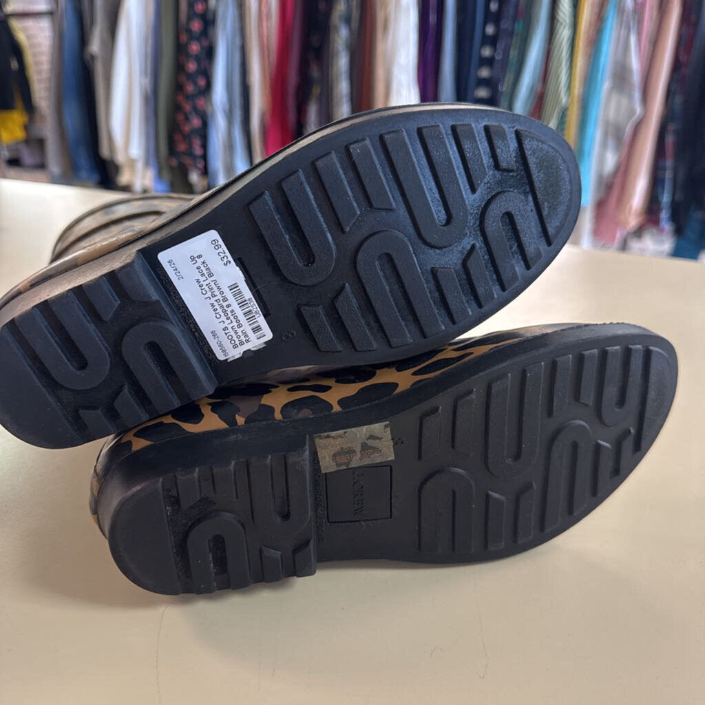 J Crew Brown Leopard Print Lace Up Rain Boots 8