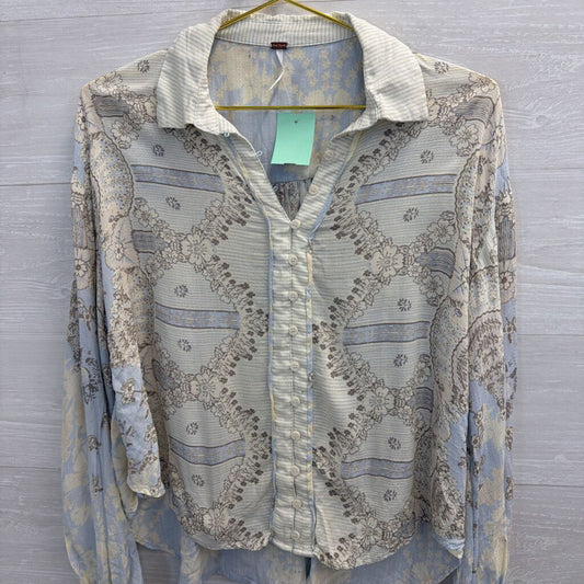 Free People White/ Blue/ Grey Print Long Sleeve Button Down Top Extra Small